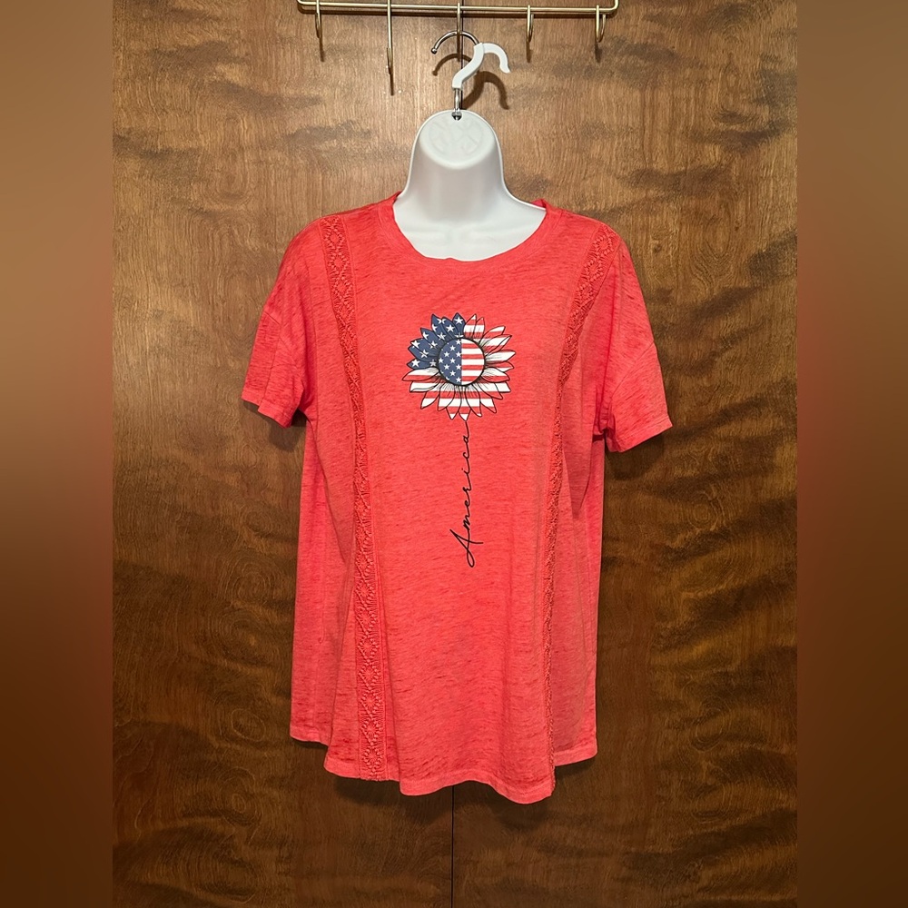 Cato Short Sleeve "America" Flower Graphic Tee Womens M Red Lace Trim Knit Shirt